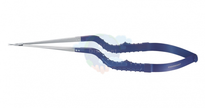 Микроножницы с байонетной ручкой 1 типа, острым мини-кончиком, изогнутым лезвием 8,3 мм, прямые, общ. длина 20 см, раб. длина 87 мм